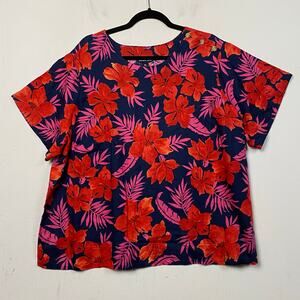 Lands’ End Blue Red Pink Floral 100% Linen Popover Blouse Top Size 2X
